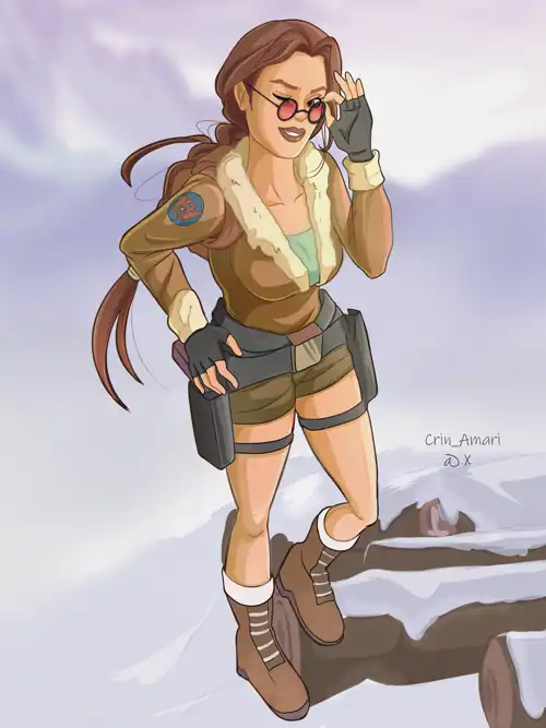 Classic Lara Croft in her iconic bomber jacket outfit 