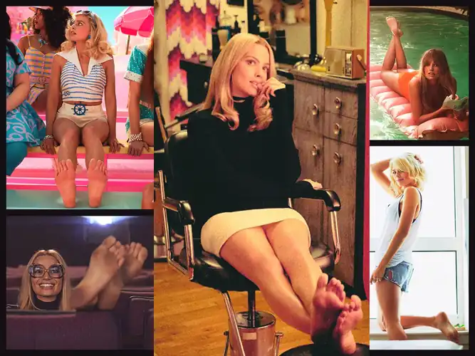 Collage compilation of Margot Robbie's barefoot soles