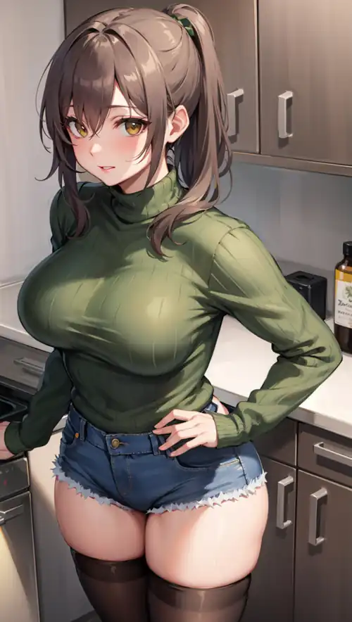 Snug Green Sweater & Denim Shorts