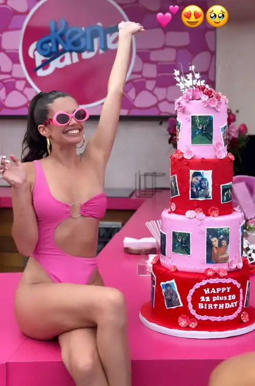 Wearing lots of pink at her Barbie themed birthday party (July 2023)