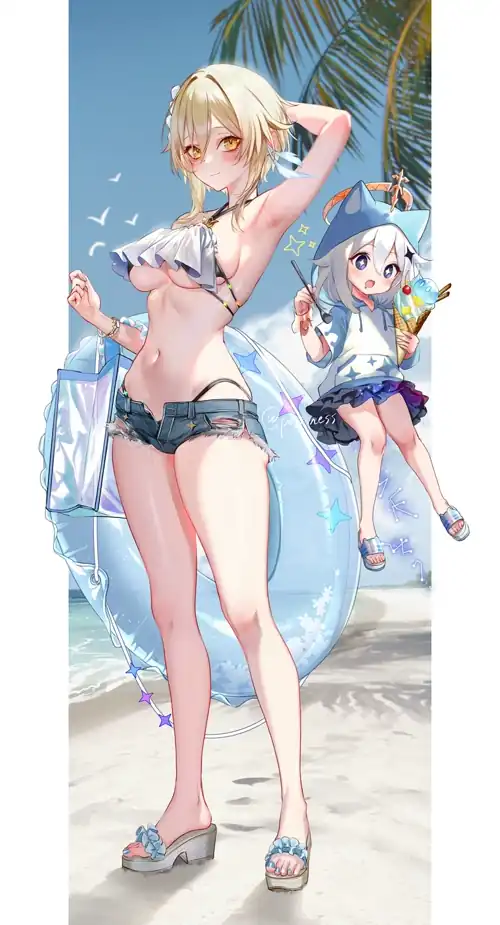 Lumine and Paimon at the Beach [Genshin Impact]