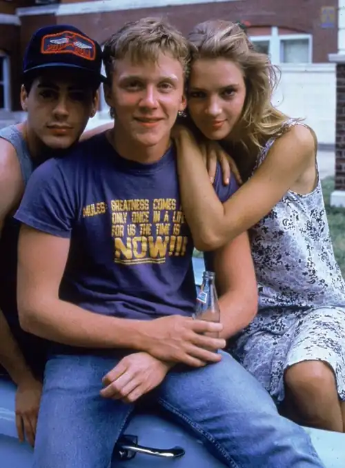 Robert Downey Jr, Anthony Michael Hall and Uma Thurman, 1987