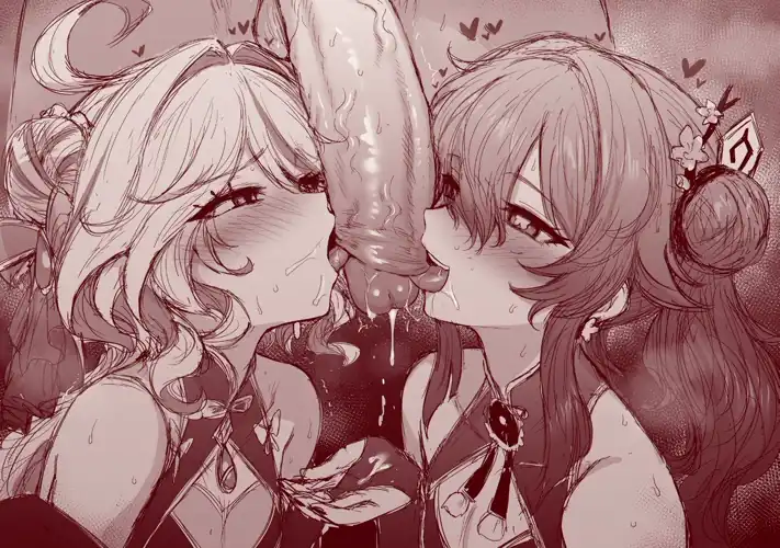 HOLY FUCK! This is one of the hottest hentai🥵 I've ever seen. These two ADORABLE teasing kitties😻 share your rock hard veiny dick🪨🍌💢as they lick your delicate glossy glans and put their wet tongues💦👅 underneath your foreskin. Your leaking cum💧is and are on the verge of a VOLCANIC🌋🥛orgasm😫