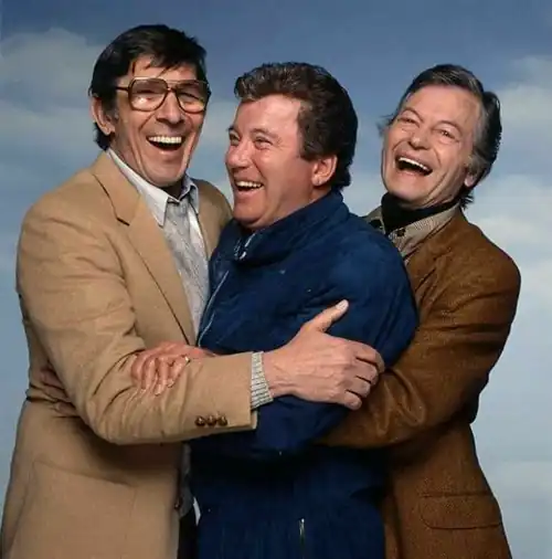 Leonard Nimoy, William Shatner & DeForest Kelley (Paramount Pictures 75th Anniversary photoshoot in Los Angeles, 1987)
