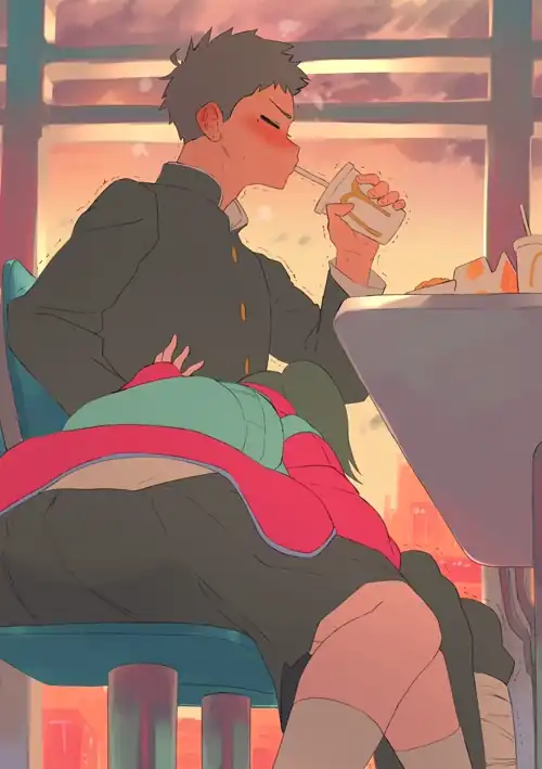Getting those fries that fell on his lap.
