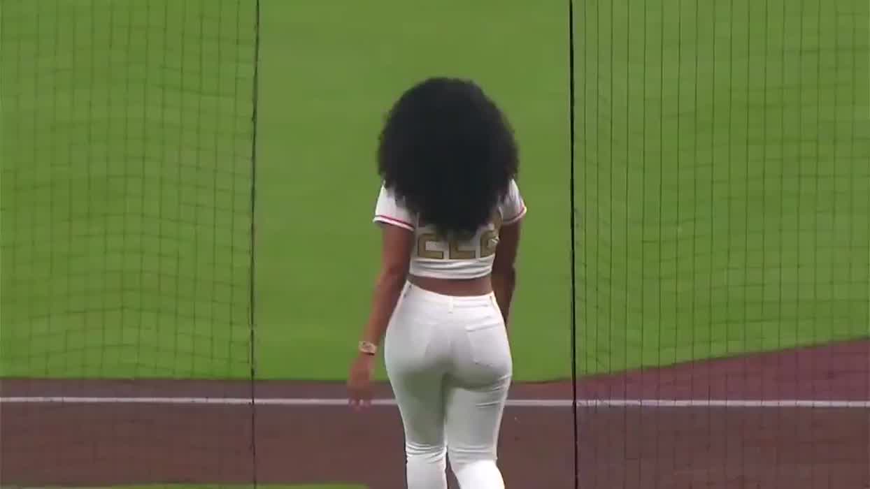 Megan throwing the first pitch