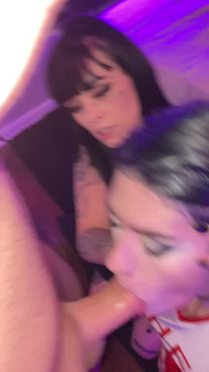 Two goth cheerleaders suck my cock