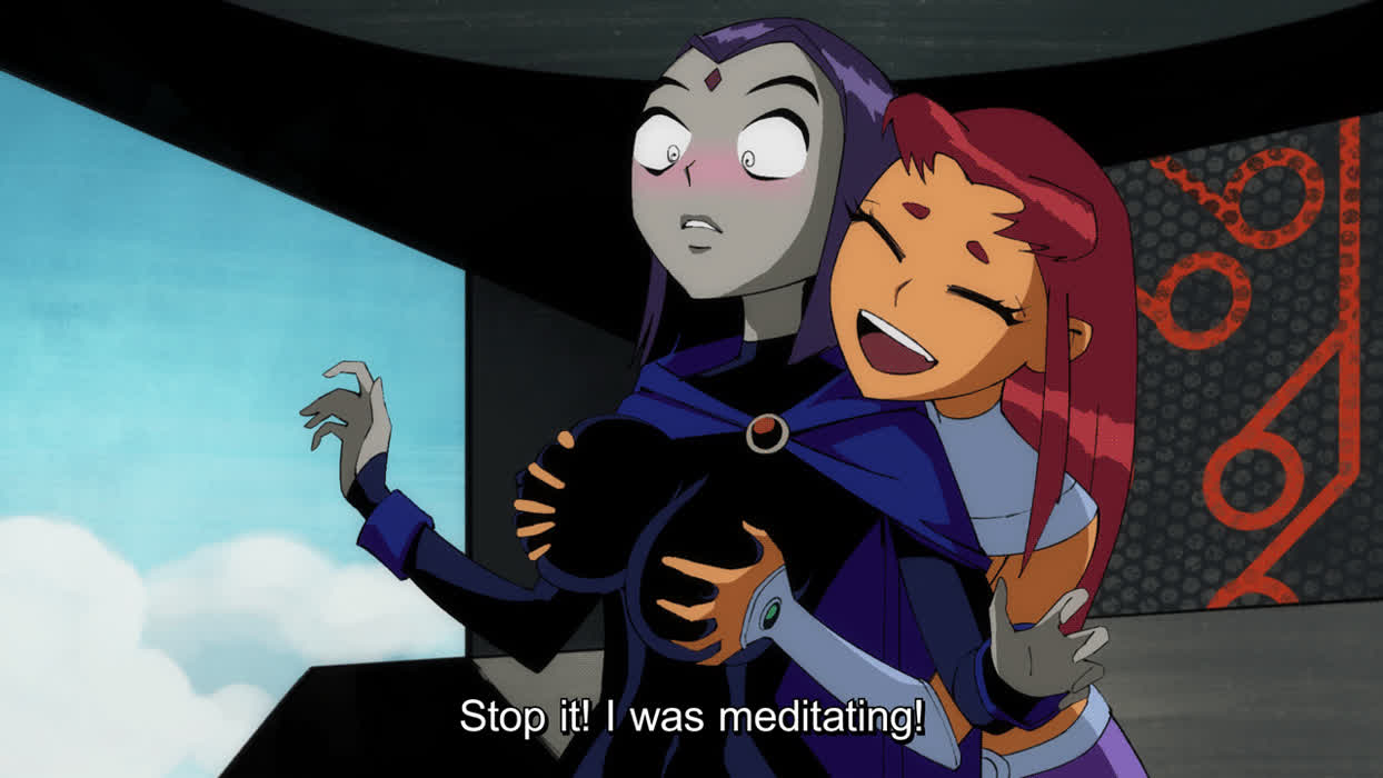 Starfire playing with Raven’s boobs (Flou)