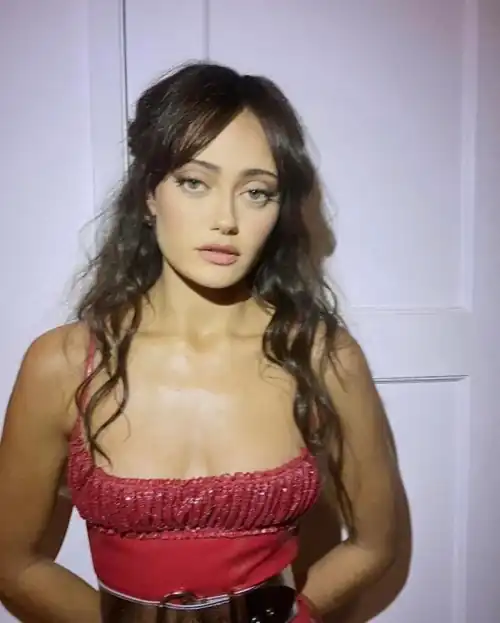 In a beautiful red dress