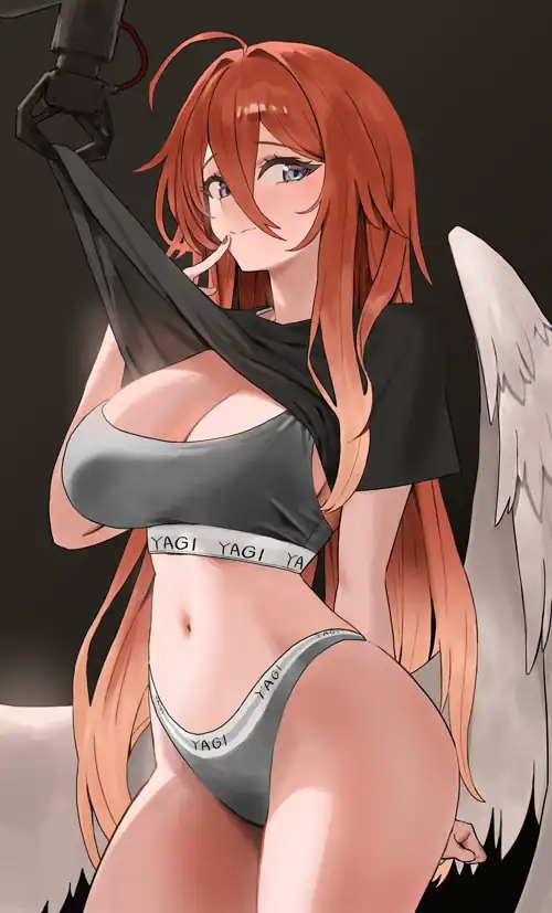 Tugging her Shirt 