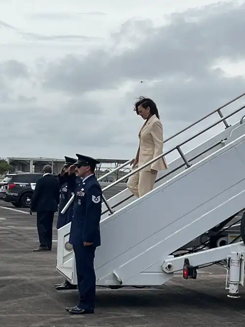 Kamala Harris in a tan suit. 