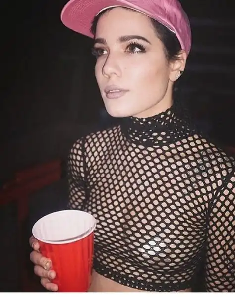 Halsey in a mesh top