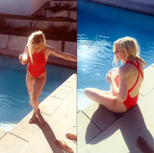 Emily in a red swimsuit