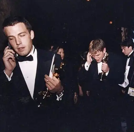 Ben Affleck and Matt Damon calling their moms after winning the Oscar for Good Will Hunting, 1997.