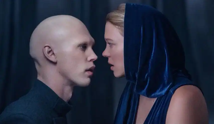 Léa Seydoux as Lady Margot Fenring and Austin Butler as Feyd-Rautha Harkonnen in Dune: Part Two.