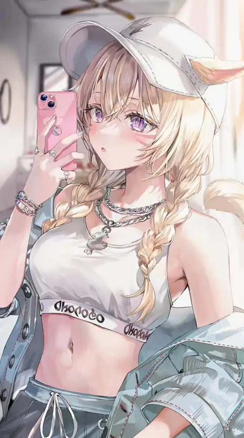 Stylish Blonde Miqo'te Taking a Selfie (by momoco) [Final Fantasy XIV]