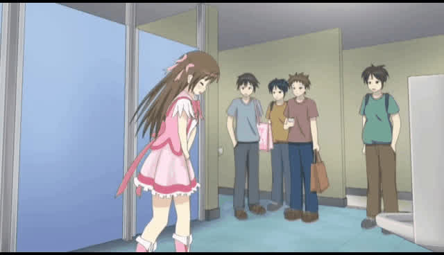 Girl peeing desesperation batroom men