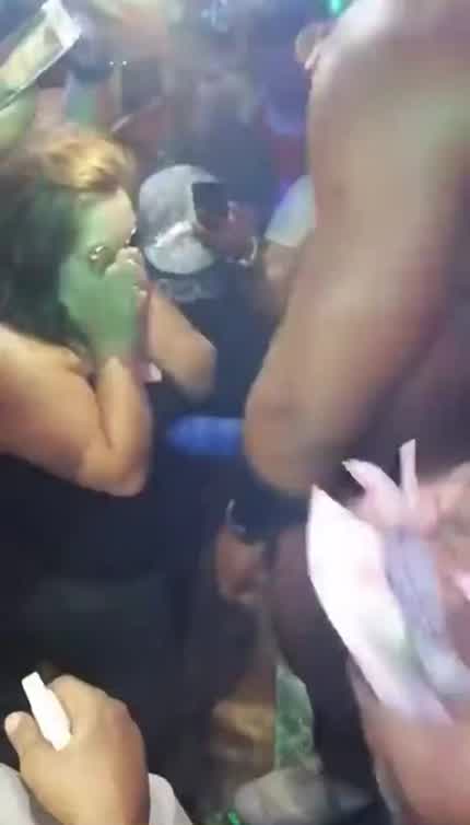 Latina MILF sucks black male stripper cock