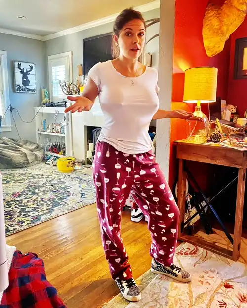 My loungewear champagne mom-pants. (And cool shoes)