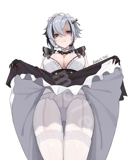 Maid Arlecchino showing she's wearing see-through pantyhose
