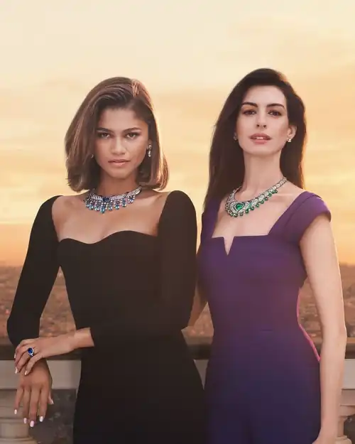 With Anne Hathaway for Bulgari’s latest campaign.
