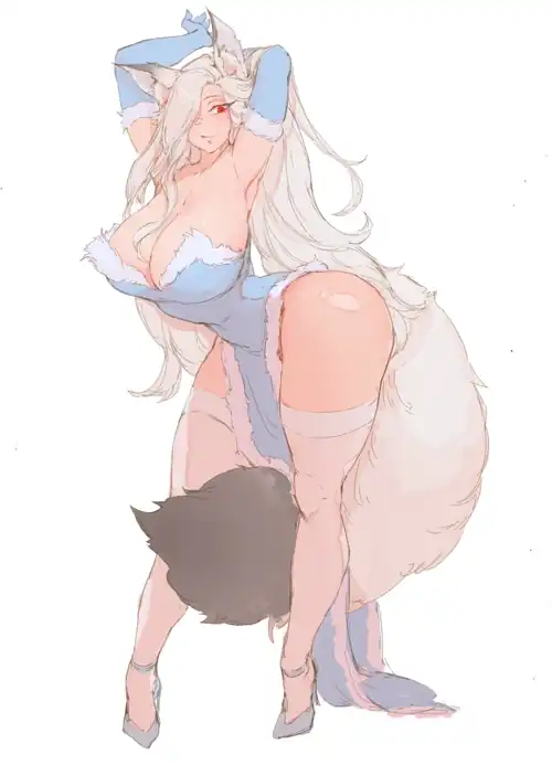 Fluffy snow fox girl, art by me