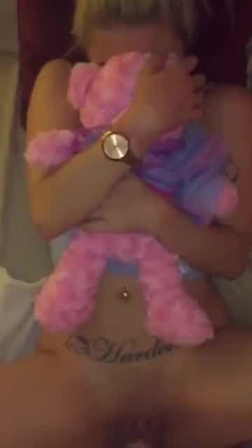 Teen Holding Teddy Bear and Taking Big Cock