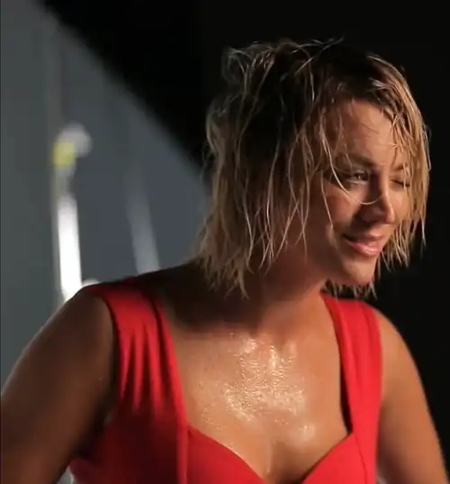 Sweaty Kaley winking for the camera