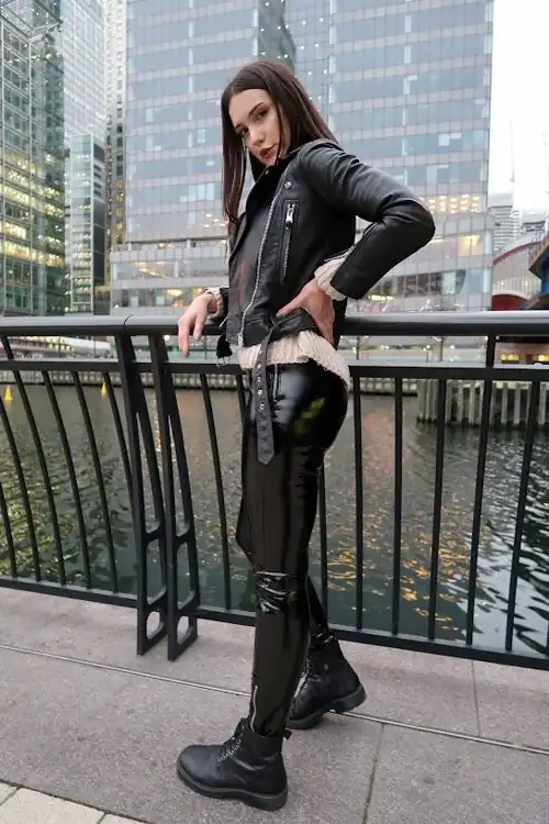 Masculinity is toxic, but girls are so perfect when they embrace hard femme glamour in biker jackets and tight wetlook leggings and tough boots. Boys should improve themselves by wearing thong panties, getting their noses pierced, and worshiping sexy urban princesses like her!
